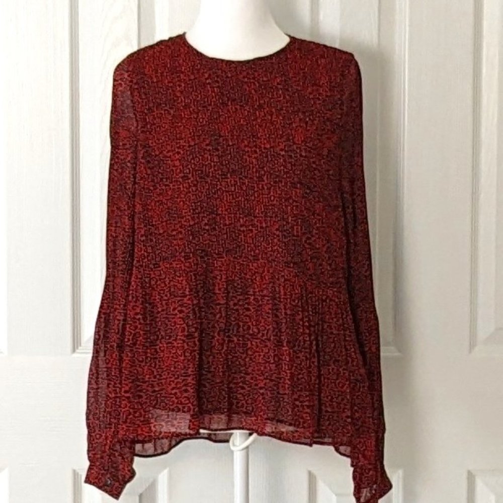 ZARA Women's Long Sleeve Crinkled Top Blouse  Size M  Red Black  NWOT